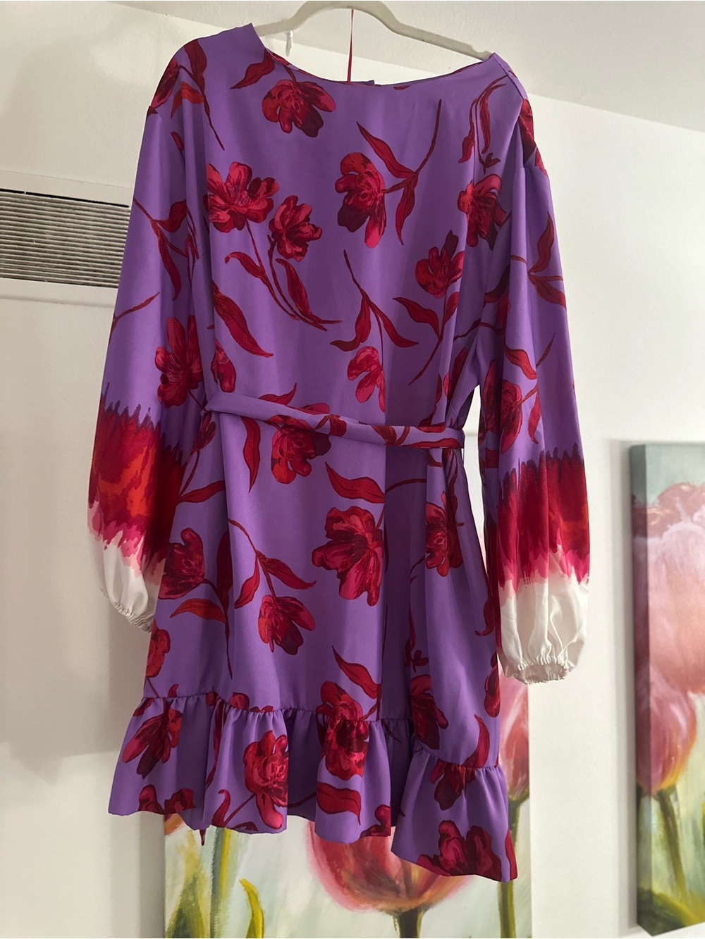 Purple Floral Tie-Waist Dress with Red Accents